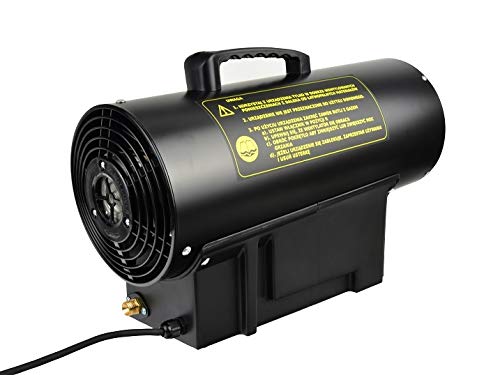 lateral view of Geko G80411 heater with warning label