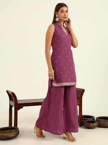 Image of FIORRA Women's Lavender Viscose Chanderi Straight Kurta with Palazzo and Dupatta
