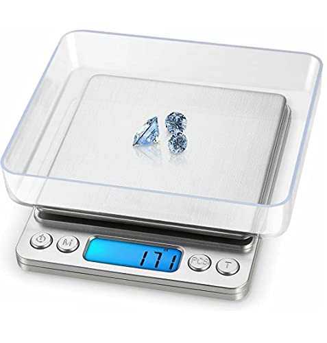 JORCEDI Báscula digital de cocina de 3000 g x 0,1 g, joyería de oro, plata, gramos, tamaño de bolsillo, grano de hierbas para joyas, alimentos, cocina, nutrición, batería incluida con 2 bandejas,