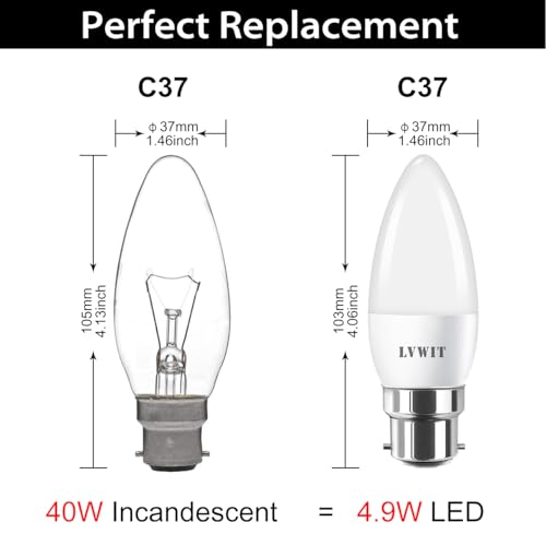 LVWIT B22 Candle Bulb,C37 Bayonet Candle Light Bulb 40W Equivalent, 4.9W,470Lm,2700K Warm White Candle Bulbs Bayonet,Energy Saving Chandelier Lightbulbs,Non-Dimmable (Pack of 6) - Image 3