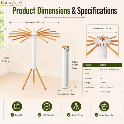Image of Tripod Clothes Drying Rack Foldable & Rust Resistant Laundry Stand with 16 Solid Beech Wood Rods | Space Saving Indoor & Outdoor Dryer Stand for Clothes, Towels & Garments