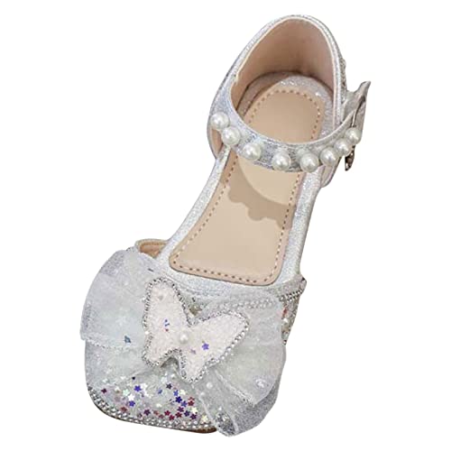 Girls Dress Shoes Cute Bow Mary Jane Shoes Ballerina with Satin Ankle Tie for Wedding Birthday Infant Sandals Girls (Silver, 10.5 Little Child)