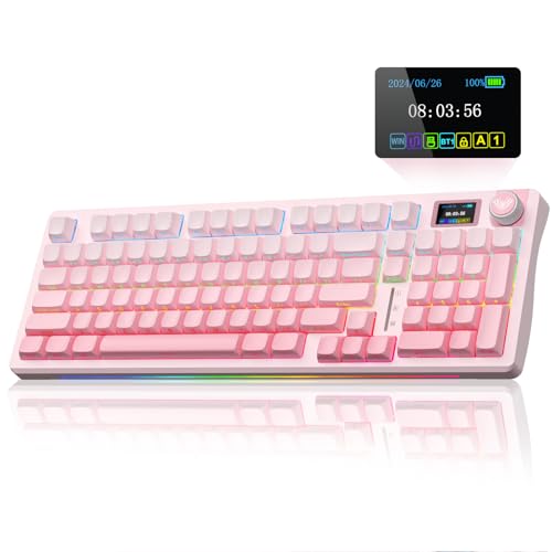 Aula S98 Pro Wireless Mechanical Keyboard with Screen & Knob,2.4GHz/USB-C/BT5.0 Hot Swappable Pink Creamy Keyboard,Pre-lubed Linear Switches,Side Printed PBT Keycaps(Renewed)