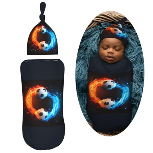 Image of Soccer Ball Newborn Swaddle Blanket with Beanie Set Soft Baby Sleep Sack Stretch Adjustable Swaddle Wraps Receiving Blankets