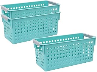 AYVANBER Small Storage Baskets for Shelves Plastic Fridge Storage Boxes Kitchen Open Storage Bins Stackable with Handles for Cupboards Bedroom Bathroom Livingroom Office Set of 3 (Teal Small)