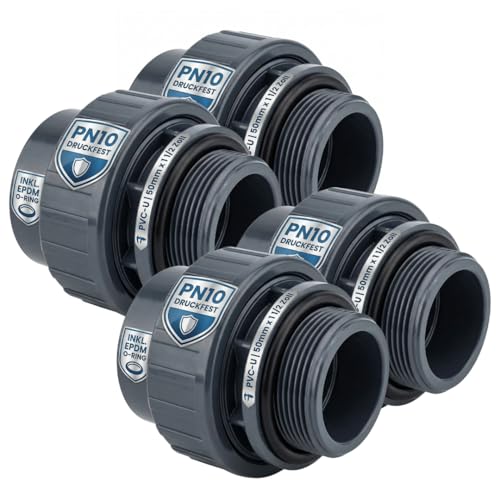 Aquakern PVC-U Verschraubung mit O-Ring 50 mm x 1 1/2 Zoll Außengewinde [2er Set ] bis zu 10 Bar | für Pumpen & Filteranlagen | Resistent gegen Chlor & Salzwasser | Profi-Poolverbindung
