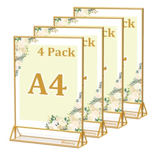 Image of Climberty 4 Pack Acrylic Gold Sign Holder, Double Sided A4 Menu Stand, Clear Vertical Table Display for Restaurant Menus, Office Flyers, Acrylic Photo Frame, Desk Brochure Holder