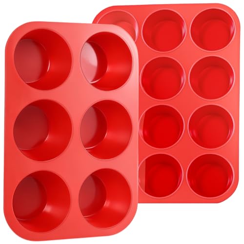 Image of CAKETIME Silicone Muffin Pan, 2 Packs Jumbo 6 Cups and Regular 12 Cups for Baking Muffins, Cupcakes, Egg Bites, Frittatas