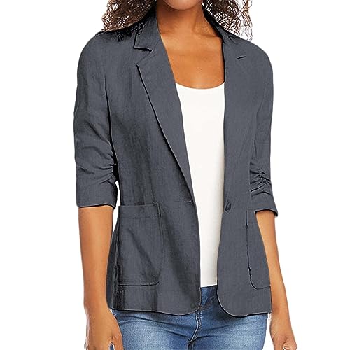 linen blazer women 3/4 sleeve Ruched One Button Lightweight plus size Slim Casual Work Office Jacket with Pockets