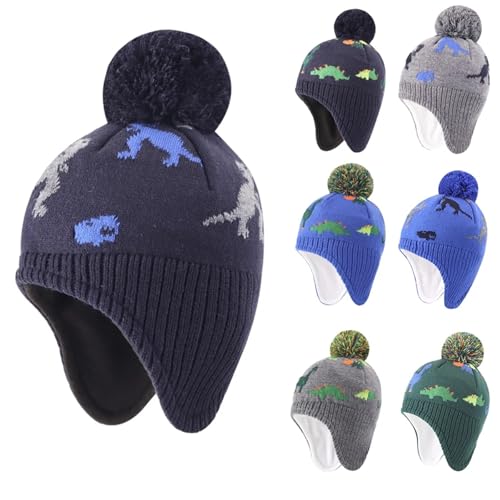 Cap 1pc Knitted Baby Hat Winter Warm Boys Dinosaur Beanie Fleece Lining Toddler Children Hat with Pompom2