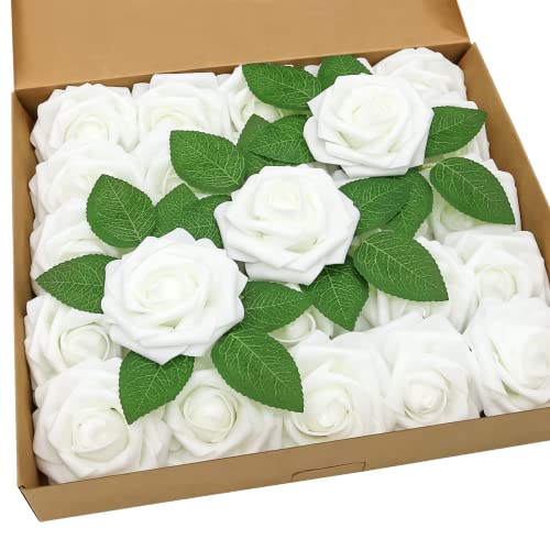 OWLKELA 25 Pièces Rose Blanche Artificiel, Rose Blanche - Utilisée pour Les Mariages, La Saint Valentin, Les Propositions, Les Fêtes - Stockage À Long Terme, Non Toxique