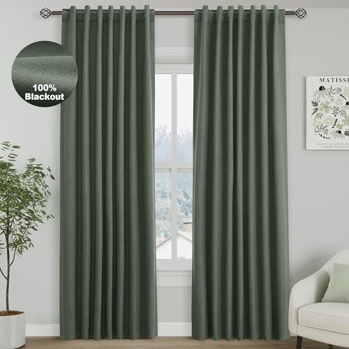 Image of Nanspring Olive Green 100% Blackout Linen Curtains 84 Inch Length 2 Panels Set for Bedroom Back Tab Modern Farmhouse Decor Black Out Curtain for Living Room Office Thermal Insulated Drapes 52x84