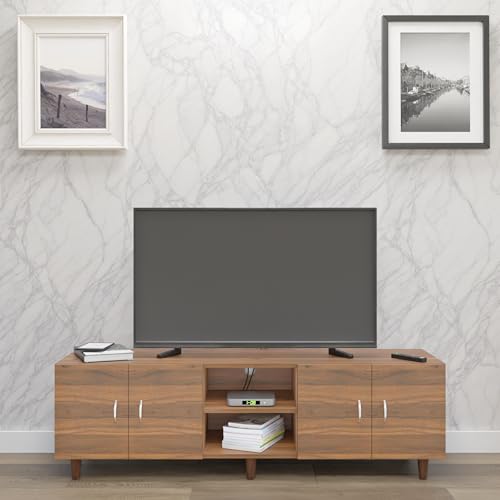 Image of VIKI Modern TV Unit for Living Room | Engineered Wood TV Cabinet with 4 Door Storage & Open Shelf, Set Top Box Stand, Entertainment Unit, 160W x 48H x 40D cm | DIY | 1 Year Warranty (Walnut)