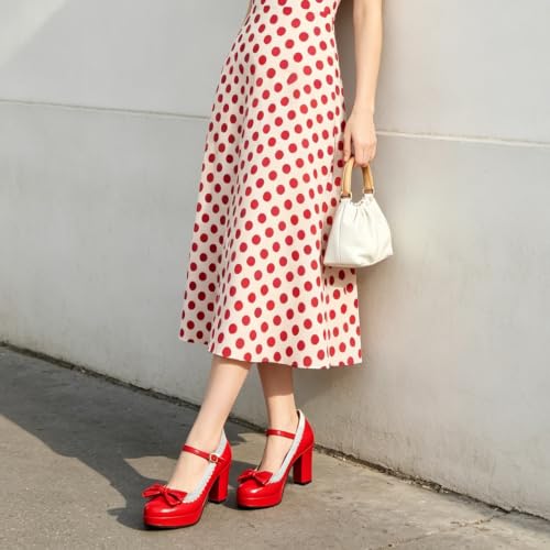Image of FOREADA Lolita Bow Platform High Heel Women Rockabilly Mary Jane Dress Pump | Boasts soft kawaii retro vintage lolita tea party aesthetic, with block heel ,bow, round toe versatile style for dress wear