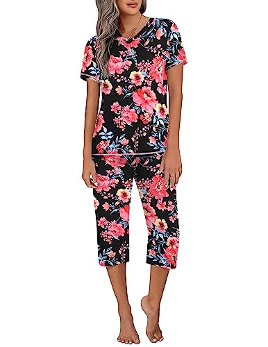 Ekouaer Women’s Sleepwear Capri Pajama Sets Short Sleeve Two-Piece Pjs V Neck Tops & Capri Pants with Pockets S-3XL