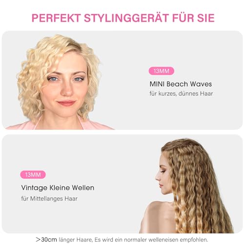 Mini Welleneisen für kurze haare - janelove 13mm Beach waves Lockenstab für kurze haare, 200°C Keramik Lockenstab 3 Fässer Welleneisen für Reisen - Rosa