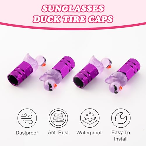 4Pcs Duck Tire Valve Stem Caps - Funny Sunglasses Covers for Wheels, Decorative Cute Car Accessories (Hexagon Purple)