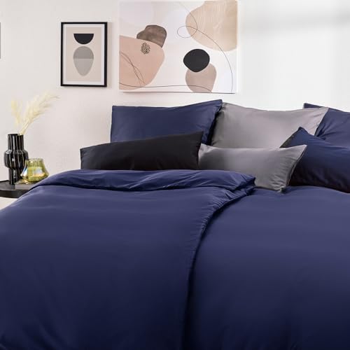 Blumtal Mako Satin Bettwäsche 135 x 200 & 80x80 cm Kissenbezug Dunkelblau - Oeko Tex Zertifizierte Satin Bettwäsche aus 100% Baumwolle - edler...