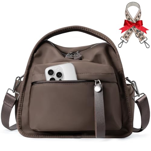 Nylon Crossbody Bags for Women Lightweight Top Handle Shoulder Bag Waterproof Satchel Hobo Handbag Bonus with a Extra Strap (Coffee Brown)