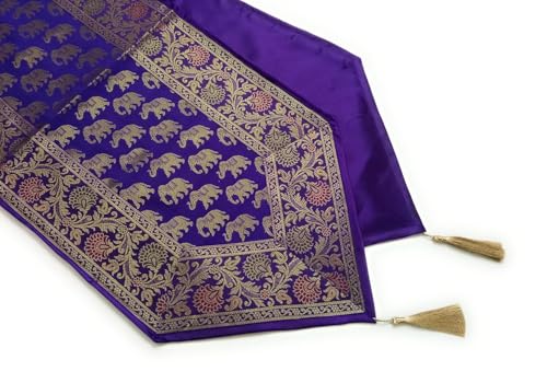 Image of Diwali Room Decor Silk Table Runner Placemats Tea Coaster Set for Living Room 4 to 6 Seater Dinning Table Table Mat Set Centre Table Top Decor Pack of 13 Pcs (Purple)