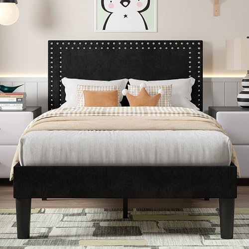 Image of VECELO Twin Size Platform Bed Frame with Height Adjustable Upholstered Headboard, Modern Mattress Foundation,Strong Wood Slat Support, No Box Spring Needed, Easy Assembly,Black