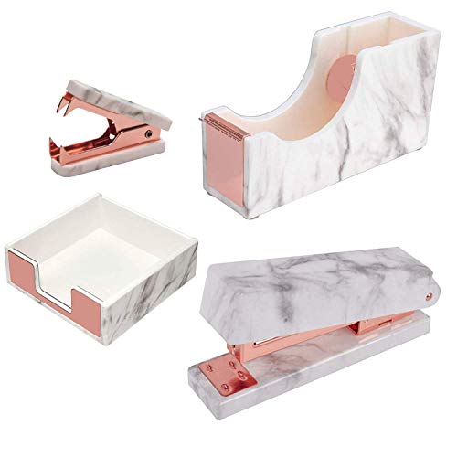 Marble White Office Supplies Set- Stapler | Tape Despenser | Memo Despensers Holder | Staple Remover Tool