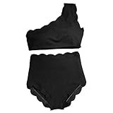 High Waisted Bikini Set One Shoulder Vintage Scalloped Flounced Swimsuit Wavy Edge Swimwear Black