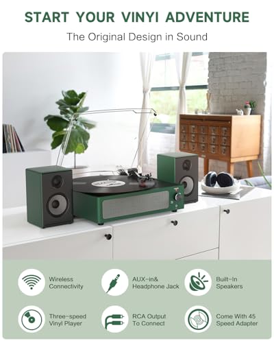 Image of Vinyl Record Player with Speakers & Wireless Receiver Turntable for Vinyl Records 3 Speed 3 Size LP Player Portable Turn Table Vinyls Records Players Headphone AUX RCA Auto Stop New Sleek Dark Green