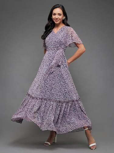 Image of Miss Chase Women's Multicolored-Base-Brown Relaxed Fit Maxi Lurex Chiffon Dress