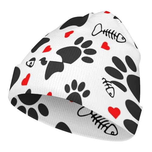 Trace Doodle Paw of Cat Prints Kids Beanie Hat for for Girls Boys Children Cap Winter Knitted Chemo Cancer Headwear Accessories Gifts Decoration Black