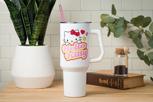 Image of Silver Buffalo Sanrio Hello Kitty Name and Hearts Stainless Steel Tumbler with Handle and Straw, Fits in Standard Cup Holder, 40 Ounces (Pack of 12)