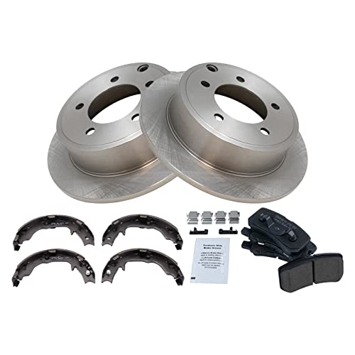 Image of TRQ Rear Ceramic Brake Pad and Rotor Set Includes Parking Shoes Compatible with 2017 Jeep Compass Patriot with 262mm Diameter Rear Rotors 2013 Chrysler 200 262mm Diameter Rotors