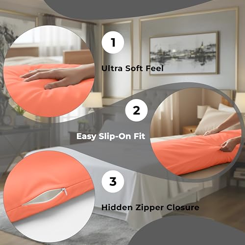 Image of ROYALE LINENS Body Pillow Cover - Double Brushed 1800 Microfiber - 20 inchx54 inch with Hidden Zipper Closure - Wrinkle & Fade Resistant - Super Soft Body Pillowcase 2 Pack (Coral, Pack of 2)