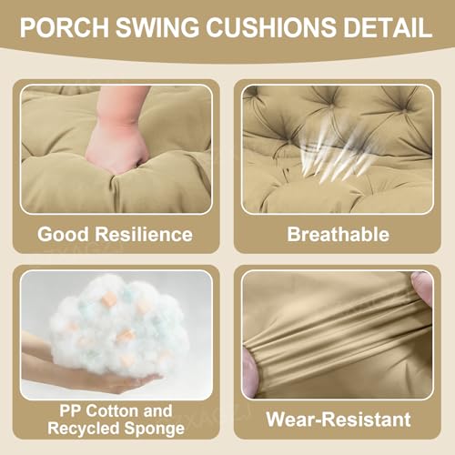 Image of Porch Swing Cushions Outdoor 40x40 inch Waterproof Extra Thick 5 inch Swing Cushions Replacement with Backrest and Ties for Outdoor Furniture Porch Patio Garden Lawn (Khaki)