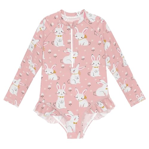 Image of CaTaKu Girls Rash Guard Swimsuit Long Sleeve One Piece Bathing Suit UPF 50+ Toddler Kids Zipper Ruffle Swimwear 3-12Y