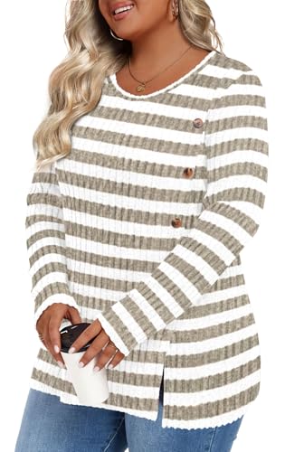 Image of HOTGIFT Womens Plus Size Sweater Tops Long Sleeve Crewneck Casual Tunic Shirts Buttons XL-5XL Blouse Soft Comfy Fashion