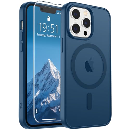 Image of SUPFINE Magnetic for iPhone 13 Pro Case with Screen Protector (Compatible with MagSafe) (Military Grade Drop Protection) Translucent Matte Shockproof with Anti-Fingerprint Phone Case,Deep Blue