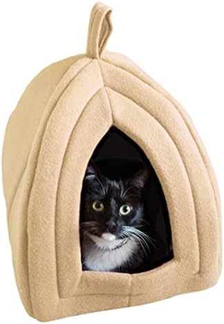Cat House - Indoor Bed with Removable Foam Cushion - Pet Tent for Puppies, Rabbits, Guinea Pigs, Hedgehogs, and Other Small Animals by PETMAKER (Tan),(L) 13.5” x (W) 13.5” x (H) 15”