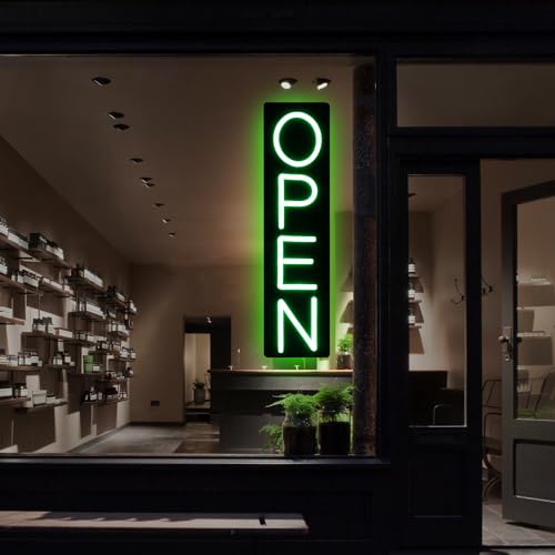 Image of Open Signs for Business 12V /2A Ultra Bright LED Neon Open Sign 22 Inch Lighted Open Sign Electric Light Up Open Sign for Business Storefront Window Glass Door Retail Shop Store Bar Salon Restaurant,vertical Green