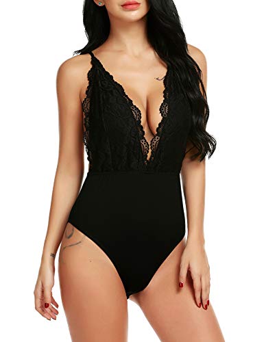 Pintimi Women Snap Crotch Bodysuit Lingerie Deep V Plunging Teddy Lace Backless Teddy, A Style Snap Bottom-black, Small