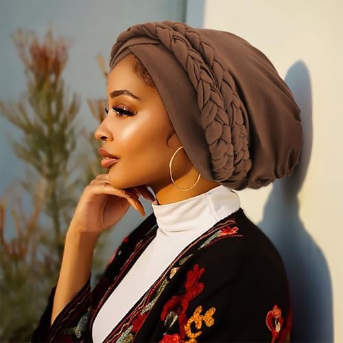 Image of DRESHOW African Women Turban Caps Cotton Beanie Twist Headscarf Pre-Tied Double Twisted Braids Wrap Hat Chemo Cancer Cap
