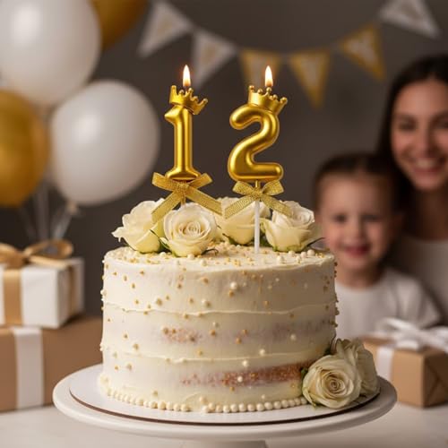 Image of Rozi Decoration Number 12 Birthday Candle for Cake with Crown Design | Gold Metallic Number Candle Set with Stick | Cake Topper for Kids, Teen and Family Birthday Celebration