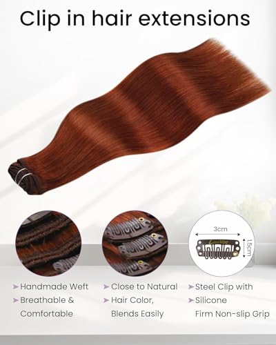 Image of LaaVoo Human Hair Clip In Extensions, For Date Night, 18 Inch 5Pcs 80g | Deep Auburn Brown Hair Extensions Clip Ins, Seamless Invisible Fit, Match Prom And Formal Evening Styling