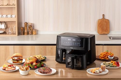Linsar Dual Zone Heteluchtfriteuse met dubbele kamer, 8 liter, Air Fryer, 2 manden met kijkvenster, touchscreen, 9 voorinstellingen - 3000W (Zwart) - Afbeelding 6