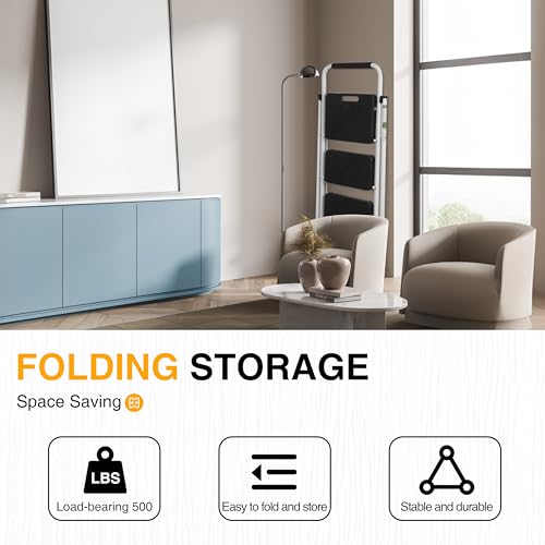 3 Step Ladder, Portable Steel Folding Step Stool with Wide Anti-Slip Pedal & Convenient Handgrip, 500lbs Sturdy Steel Ladder, White - Image 5