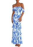 PRETTYGARDEN Women's Formal Cocktail Maxi Dresses 2026 Summer Off Shoulder Floral Mesh Bodycon Spring Wedding Guest Dress (Floral Blue,Medium)