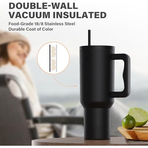 Image of NYRWANA 1200ML Stainless Steel Tumbler - Hot & Cold | Double Insulated Travel Mug with Handle, Leak-Proof Lid & 2 Straws | Dishwasher Safe | Ideal for Gym, Travel & Office (Black)