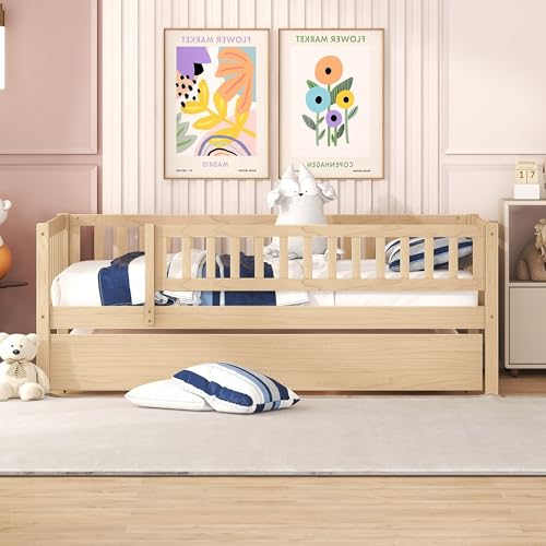 Harper & Bright Designs Twin Daybed with Trundle, Wood Twin Floor Bed Frame with Fence Rails,Montessori Twin Bed for Kids Girls Boys Bedroom,Guest Room,Living Room,No Box Spring Needed,Natural