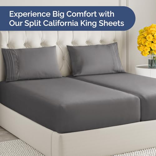 Image of Split Cal King Bed Sheet Set - 5 Piece Split Cal King Sheets - Dark Grey | Ultra-Soft, Breathable & Cooling - Comfy, Wrinkle & Fade Resistant - Fits 8 inch to 16 inch Inch Mattress with Deep Pockets