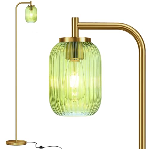 Folux Glass Floor Lamp for Living Room, Bedroom, Modern Green Ribbed Glass Standing Lamp with Pedal Switch, 67'' Tall, Brushed Gold